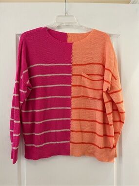 Colorblock Pink and Orange Striped Women's Sweater